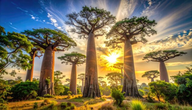Giant baobab trees stand tall against a vibrant sunset sky.