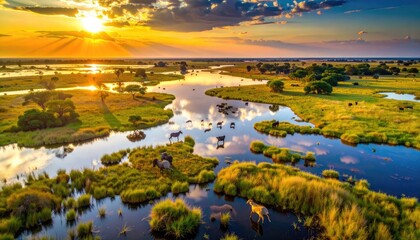 Obraz premium African savanna landscape with animals by the water at sunset.