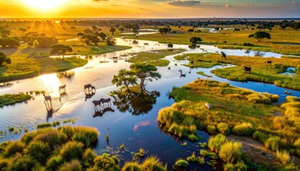 Fototapeta premium Golden hour illuminates African savanna with wildlife and winding river.