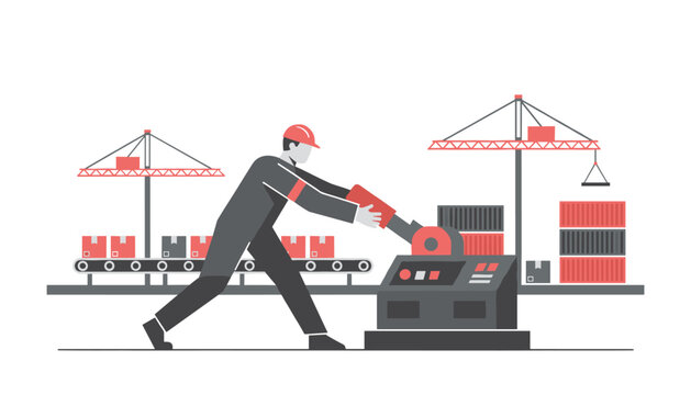Industrial worker operates a machine on a conveyor belt production line at a busy shipping or manufacturing facility with crane background.