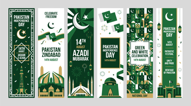 Pakistan Independence Day vertical banner set, 14th August Azadi Mubarak celebration posters, green and white patriotic festival vector collection