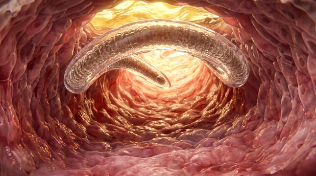 Worm inside human intestine, detailed view of parasitic infection in digestive system