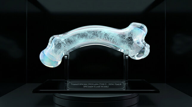 Glass model of a fetal femur bone with Thanatophoric dysplasia type 1 on a stand display