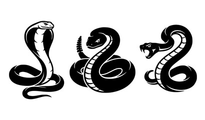 Fototapeta premium Set of Three Stylized Cobra Snake Illustrations in Bold Black Vector Design