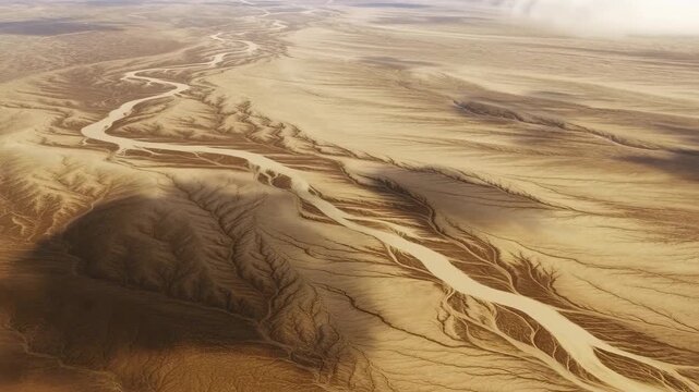 High oblique aerial view of braided river winding through arid desert plain with branching channels, sandbars, and warm sunlight shadows across textured terrain