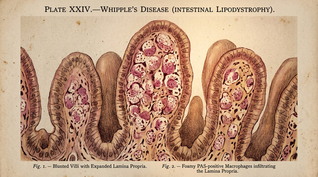 Whipple's disease intestinal lipodystrophy microscopic illustration of intestinal villi and macrophages