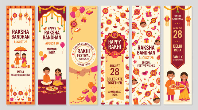 Raksha Bandhan vertical banner set with traditional Indian illustrations, Happy Rakhi festival celebration posters, ethnic brother and sister vector graphics