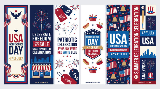 Patriotic USA Independence Day vertical banner set, 4th of July sale and celebration web headers, red white and blue American holiday vector graphics