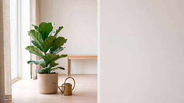 Fiddle leaf fig and metal watering can in a minimalist room, concept of indoor gardening and sustainable home living