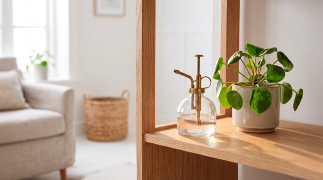 Houseplant and glass water sprayer on a wooden shelf in a bright living room, concept of indoor plant care