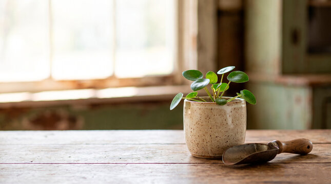 Small pilea plant in a ceramic pot with gardening scoop on a rustic table, concept of indoor plant care