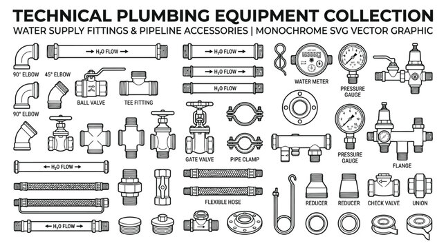 Technical Plumbing Equipment Collection Water Supply Fittings and Pipeline Accessories Outline on an isolated white background