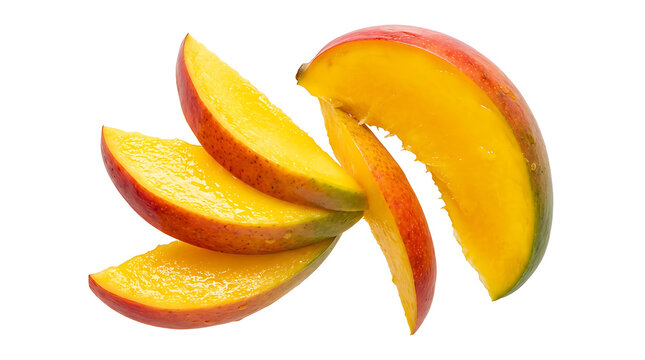 Fresh mango slices with vibrant yellow and red flesh isolated on a transparent background