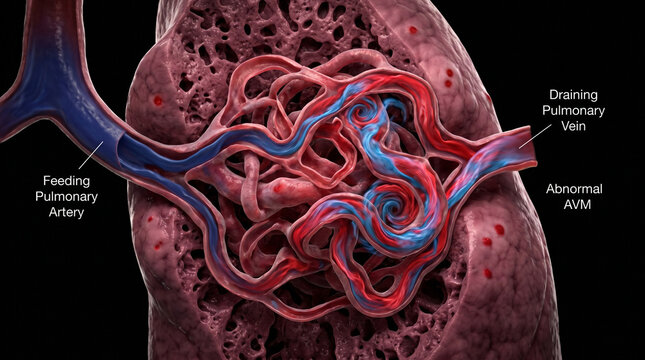 Abnormal Arteriovenous Malformation AVM in Lung Tissue with Feeding Pulmonary Artery and Draining Vein