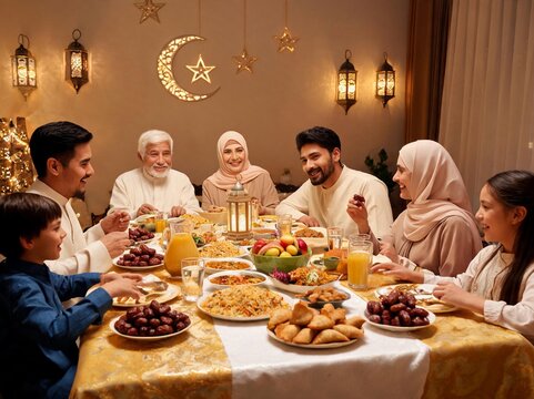 Large family gathering for festive iftar meal
