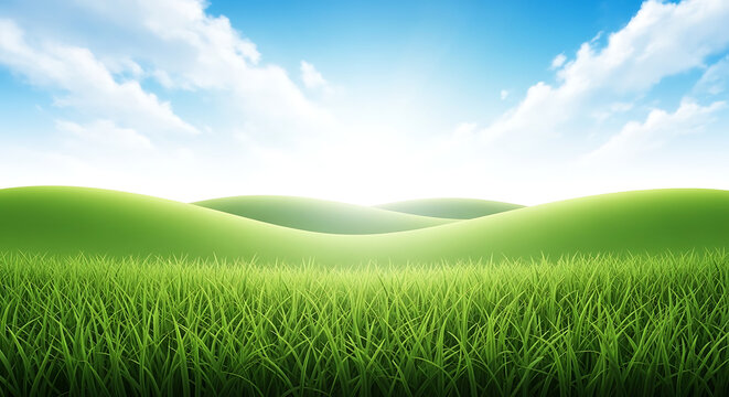 Sunlight over rolling green grass hills and blue sky with landscape sunlight peaceful environment background