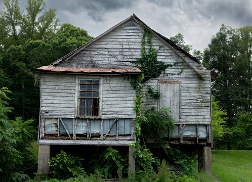 Delapidated old building at the abandoned Cohasset Depot in Cohasset, Virginia