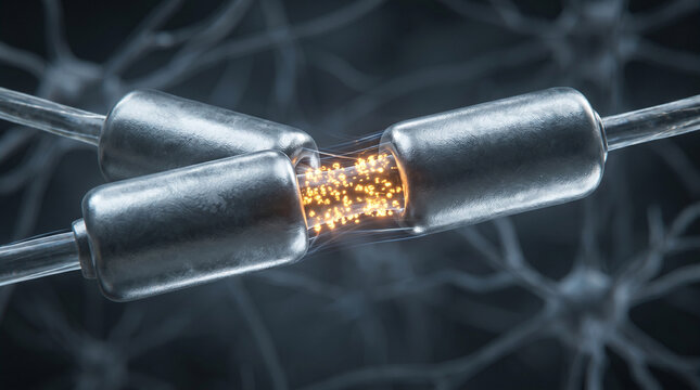 Closeup of a glowing electric fuse with golden particles inside a transparent casing on wires