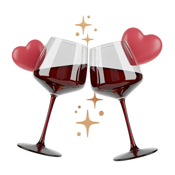 Two wine glasses clinking with hearts and sparkles