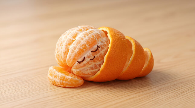 Whimsical Food Art Featuring a Cute Sleeping Mandarin Orange Tucked into its Peel on Wood