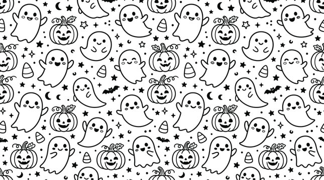 Kawaii halloween seamless pattern with pumpkins ghosts bats and candy