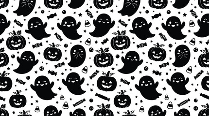 Fototapeta premium Black and white halloween pattern with ghosts pumpkins and candy