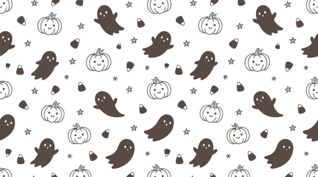 Kawaii halloween pattern with ghosts pumpkins and candy corn