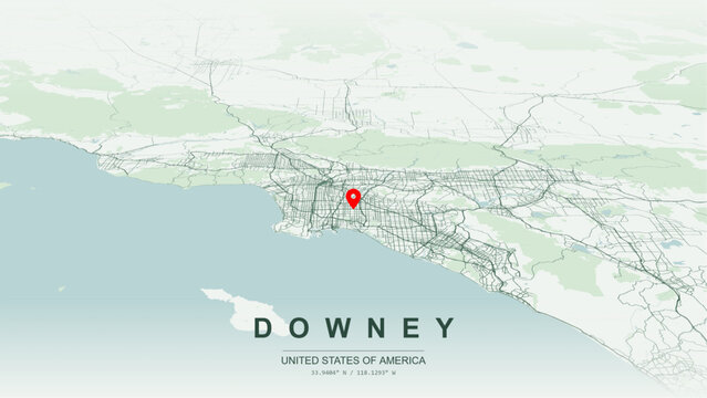 Modern minimalist vector map of Downey, California, USA. High-quality scalable illustration of Downey Los Angeles County city grid for posters design.