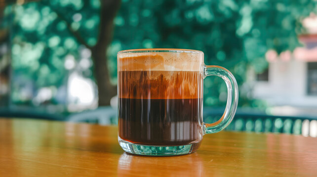 Close-up of a layered coffee drink in a glass mug on a wooden table
