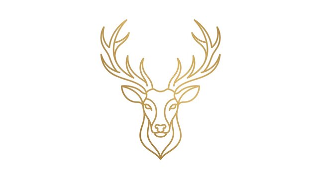 Elegant deer head logo in minimalist golden line art style, corporate identity monogram of a majestic stag with antlers for luxury hotel, premium real estate, or finance trademark