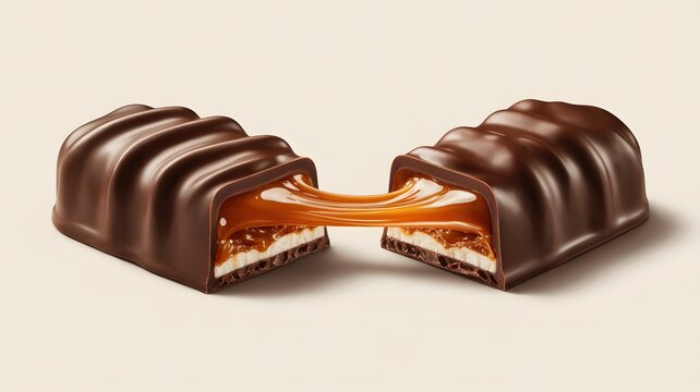 Close-up of chocolate bar with caramel filling on white background