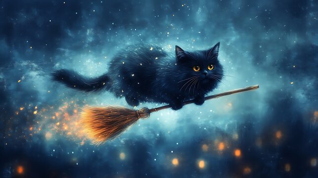 Black cat flying on broomstick in magical night sky with stars and glowing particles