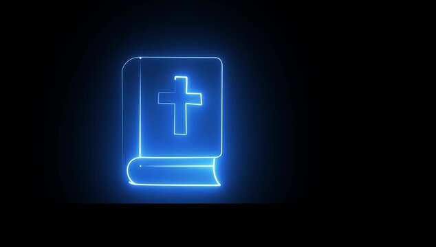 Glowing neon blue bible outline icon a minimalist line art graphic of a holy with cross symbol on the cover, isolated