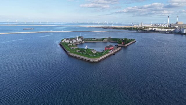 Flight over Trekroner Fort sea fortress in Copenhagen harbor, Denmark