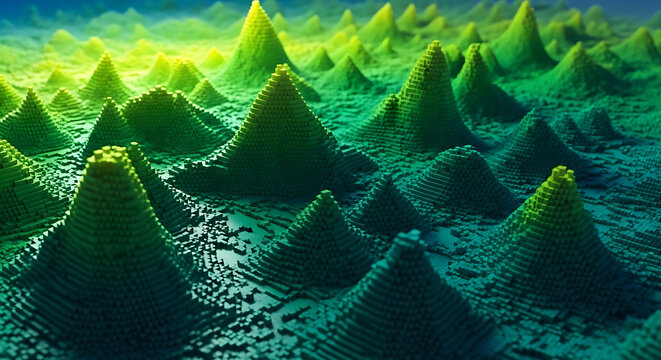 Topographic green 3D terrain map with glowing mountain peaks topographic mountain landscape elevation geography visualization abstract analysis environment geometric structure