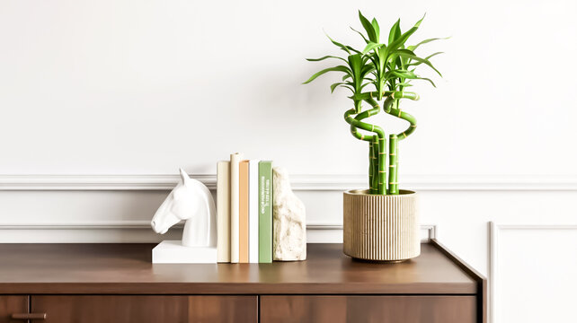 Lucky Bamboo plant and books: A vibrant lucky bamboo plant in a ceramic pot sits on a wooden cabinet next to a decorative horse bookend and a stack of books.