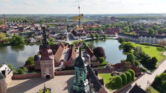 Aerial view of towers and courtyard at Frederiksborg Castle, Hillerod, Denmark