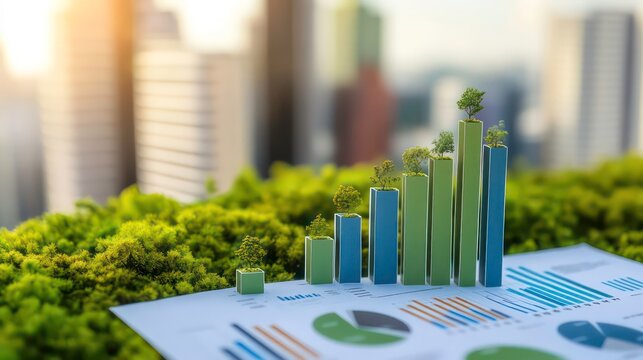 A sustainability report displaying environmental impact metrics using bar graphs and reduction goals.