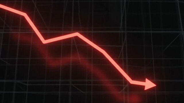 Bold glowing red line graph falling sharply downward against black background, loss bear stocks and shares