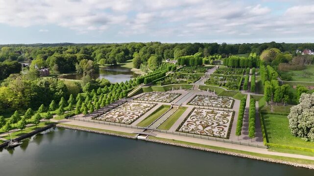 Drone shot of Frederiksborg Castle Baroque Garden, Hillerod, Denmark