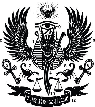 Ancient Egyptian mythology emblem with jackal head of Anubis winged pharaoh crown Eye of Horus scarab ankh and balance scale vector illustration