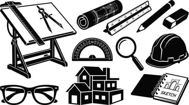 Architecture and engineering design tools vector icon collection with drafting table blueprint hard hat and house model isolated on white background