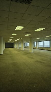 Empty Fluorescent Office Space with Surreal Layout