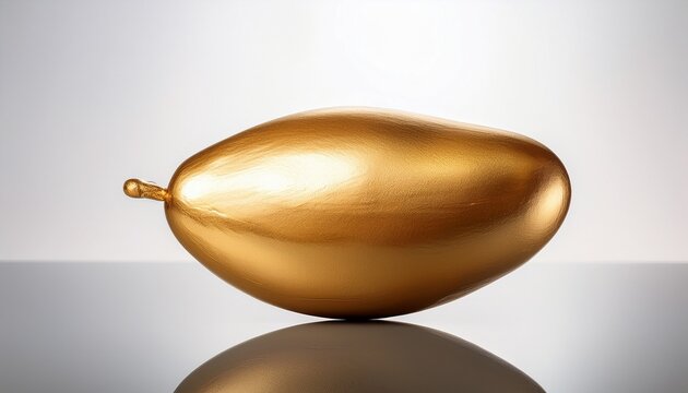 studio shot of a golden fruit oblong in shape resting on a white reflective surface illuminated from above