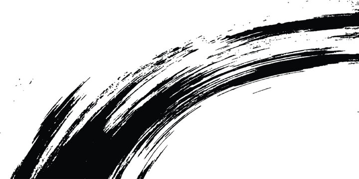Dynamic black curved grunge brush stroke swoosh texture background with dry ink effect vector illustration.