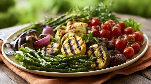 An inviting grilled vegetable platter rests on a linen napkin against a peaceful natural backdrop