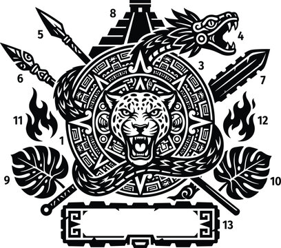 Aztec calendar emblem featuring roaring jaguar head feathered serpent Quetzalcoatl Mayan pyramid and tribal warrior weapons vector illustration