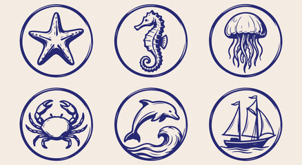 Marine life icons set featuring starfish seahorse jellyfish crab dolphin and sailboat hand drawn vector illustration collection ocean sea nature underwater fauna  © Afiya bano
