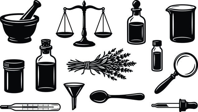 Vintage apothecary and pharmacy vector icon set with mortar pestle scale bottles and herbs isolated on white background