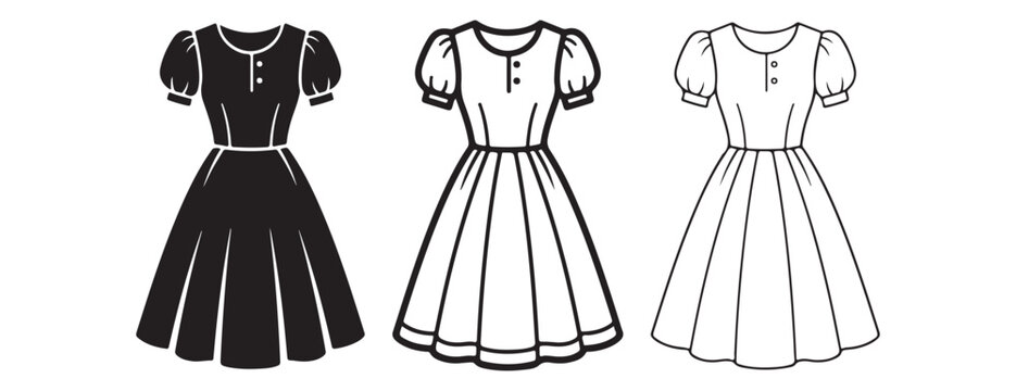 dress designs with puffy sleeves and full skirts in black and white illustrations  isolated on white background